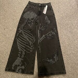 ROMWE Skeleton Butterfly Print Wide Leg Jeans